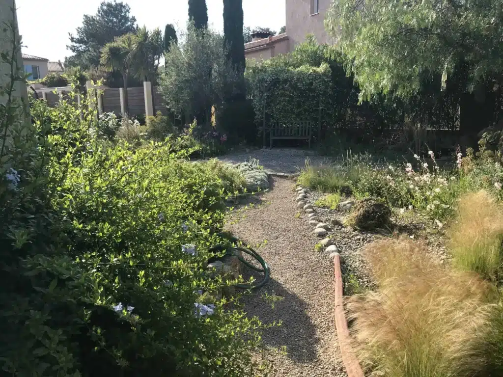 Allée en gravier traversant un jardin fleuri avec banc en bois et végétation luxuriante sous le soleil.